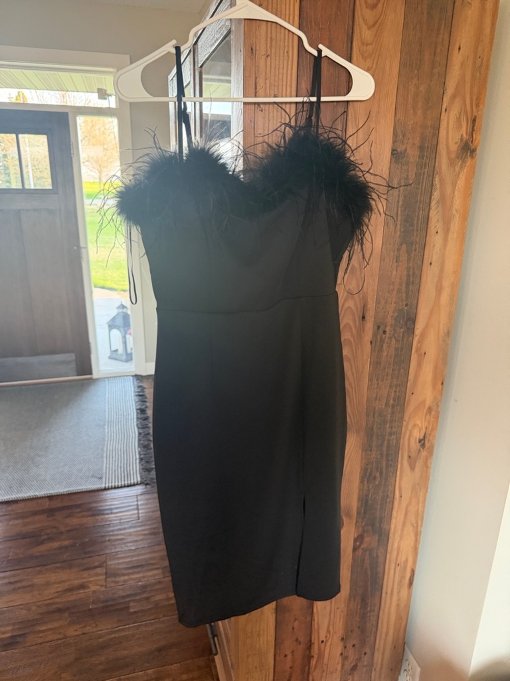 New York & Company Black Feather-Trim Mini Dress